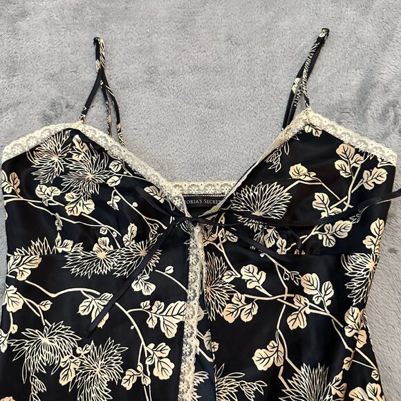 Victoria's Secret Tie Front Open Nightie Lingerie SMALL Black Tan Floral Silky - Picture 2 of 5